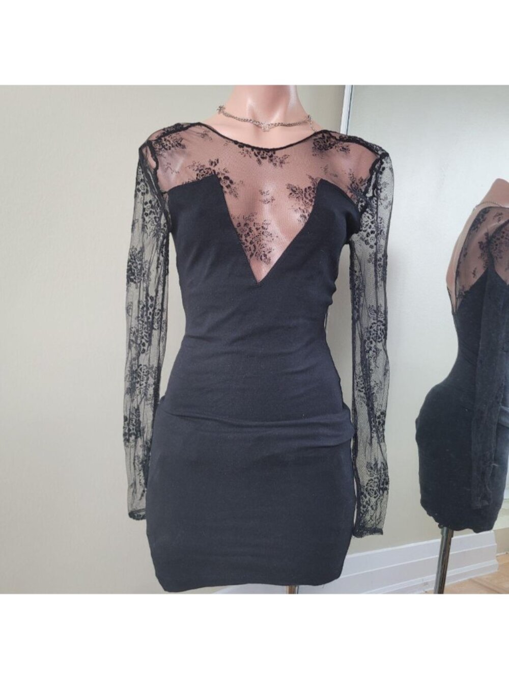 Mellow Mail Black Lace Mesh Long Sleeve Bodycon Mini Dress (One Size)